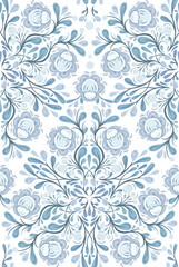 Vector decorative seamless pattern with ornate floral mandala in blue colors on white background. Texture with bloom flowers. Surface design of bloom floral ornament for fabrics, wallpaper, wrapper