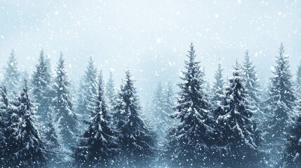 Fototapeta premium A serene winter landscape featuring snow-covered evergreen trees under a gentle snowfall, creating a peaceful atmosphere.