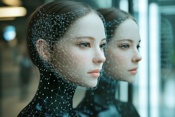 Reflective dual portrait of a woman with digital brain patterns symbolizing the integration of technology and identity in a modern high tech setting
