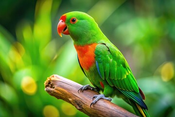 Vibrant green parakeet perches on a wooden branch, its bright orange beak and vibrant plumage contrasting with the soft, blurred background of lush green foliage.
