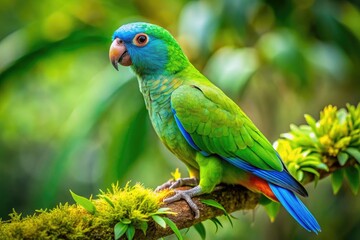 Vibrant Green Parakeet With A Distinctive Bright Blue Head Perches On A Branch In The Lush Amazon Rainforest