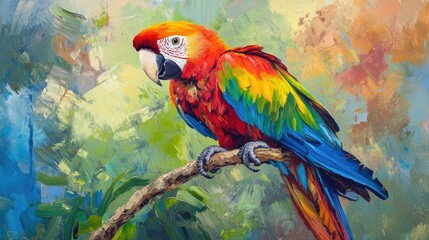 A vibrant parrot perched on a branch, displaying its colorful feathers and lively personality in a tropical setting.