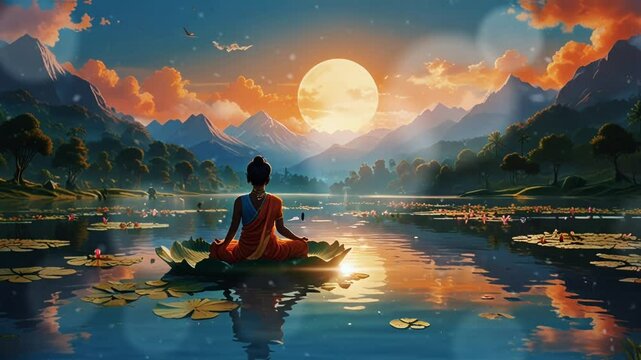 illustration of a buda meditating in a lake, smooth looping video 4k.