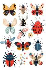 Fototapeta premium A variety of colorful insects sit on a plain white surface