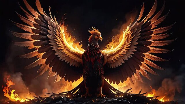 A majestic phoenix with flaming wings rising from flames. Concept of rebirth, power, mythology, transformation, strength