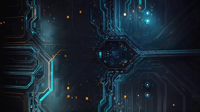 Illuminated microchip with intricate circuits on a black background. Concept of technology, digital innovation, electronics, advanced computing, tech design