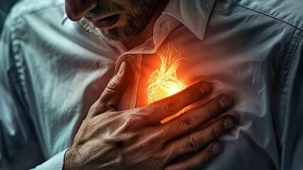 A man clutching his chest in pain, with a fiery heart visible through his shirt.  Illustrates the concept of heart attack, stress, or emotional pain.
