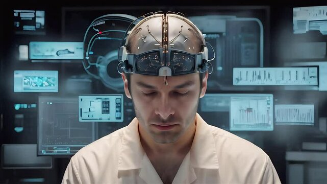 Brain-computer interface with a microchip embedded in the brain, showing data streams enabling a paralyzed person to interact with a virtual interface. Concept of neurotechnology, assistive technology