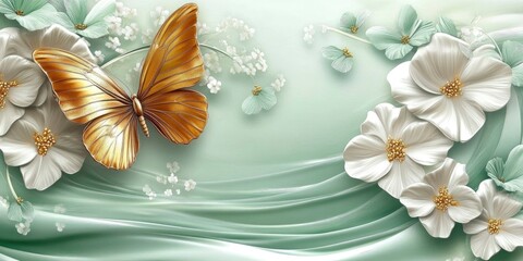 3D wallpaper mural for interior homes featuring an abstract flowery background with golden butterflies and green flowers