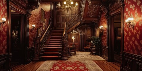 A beautifully ornate hallway featuring a grand staircase and vintage decor