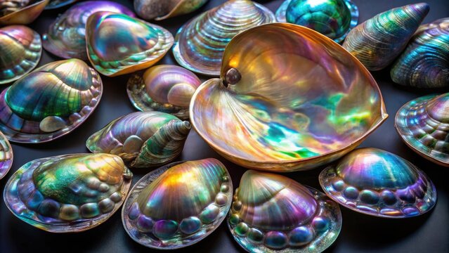 Vibrant iridescent mother-of-pearl shell fragments glisten on a dark background, showcasing the mesmerizing color-shifting properties of nacar, a treasured material prized for its ethereal beauty.