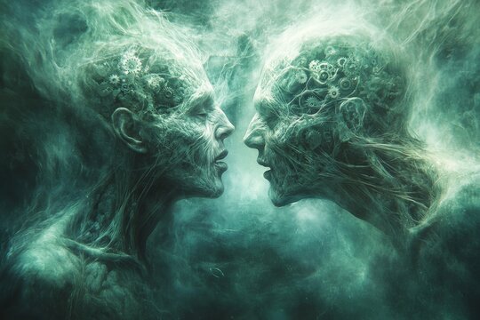 Abstract glowing green profiles symbolizing the energetic and vibrant exchange of thoughts and ideas in a futuristic conceptual setting