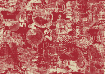 Glitch distorted grungy abstract forms . Cyber punk  pattern texture. Halftone dots .Futuristic background . Glitched shapes with dots and lines .Screen print  pattern texture