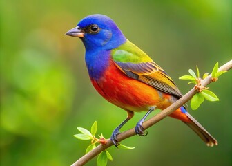 Vibrant male Painted Bunting perches on a delicate branch, showcasing its iridescent blue head, green back, and yellow underside amidst a soft, natural background.