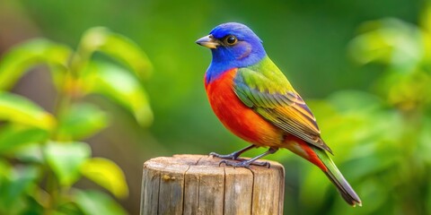 Fototapeta premium Vibrant male Painted Bunting perches on a weathered wooden fence post, showcasing its brightly colored plumage against a soft, blurred background of lush green foliage.