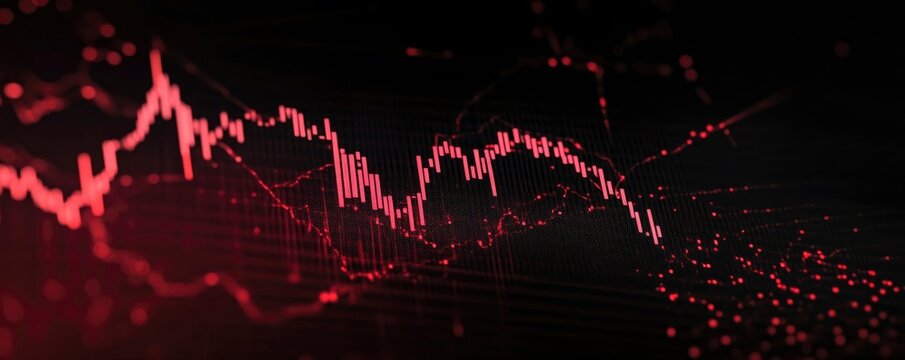 The declining value of stocks is graphically represented as a descending trend on a stock market graph.