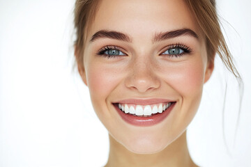 Portrait of a European American woman, close up on a white background