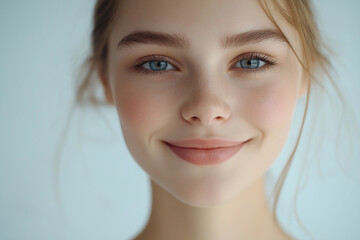 Fototapeta premium Portrait of a European American woman, close up on a white background