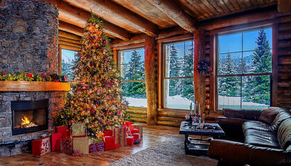 Cozy log cabin home in the mountains with fireplace and Christmas tree and beautiful view