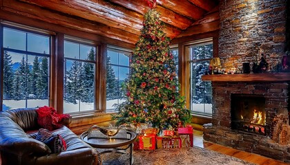 Cozy log cabin home in the mountains with fireplace and Christmas tree and beautiful view