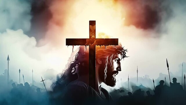 A powerful image of a cross and a man's face, surrounded by a battle scene.