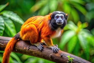 Fototapeta premium Vibrant orange and black pied tamarin monkey confidently perches on a rainforest branch, showcasing its unique coloration and agility in its natural habitat.