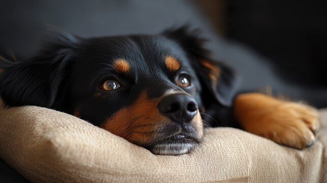 A close-up of a resting dog with a black and tan coat, lying on a cozy cushion, gazing thoughtfully at the viewer