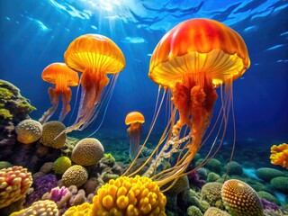 Vibrant orange and yellow sea wasp jellyfish float serenely amidst coral reef, their translucent bodies glowing against a bright blue ocean background.