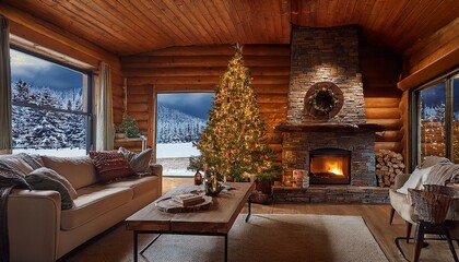 Christmas home, christmas tree, decorations, living room, holiday, house, interior, log cabin, cozy, snow, homey, charming, holiday scene, fireplace, wood