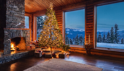 Christmas home, christmas tree, decorations, living room, holiday, house, interior, log cabin, cozy, snow, homey, charming, holiday scene, fireplace, wood