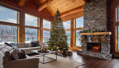 Christmas home, christmas tree, decorations, living room, holiday, house, interior, log cabin, cozy, snow, homey, charming, holiday scene, fireplace, wood
