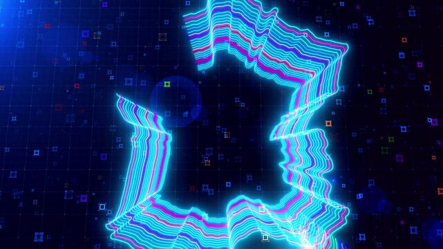 Motion view of France map outlined with neon lines, dynamically glowing on a futuristic grid background with colorful, abstract HUD squares creating a digital 3D effect.