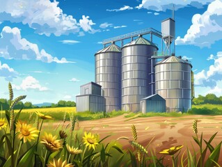 Harvesting and Preserving: Agricultural Silos for Grain Storage and Drying Against a Blue Sky