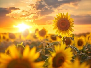 Golden Sunset: A Stunning Display of Sunflowers in an Agricultural Field