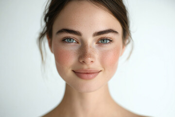 Portrait of a European American woman, close up on a white background