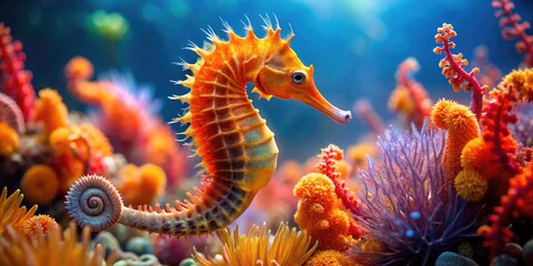 Vibrant orange seahorse with intricate scales and delicate fins swims amidst a kaleidoscope of coral, seaweed, and sea anemones in a sunny ocean environment.