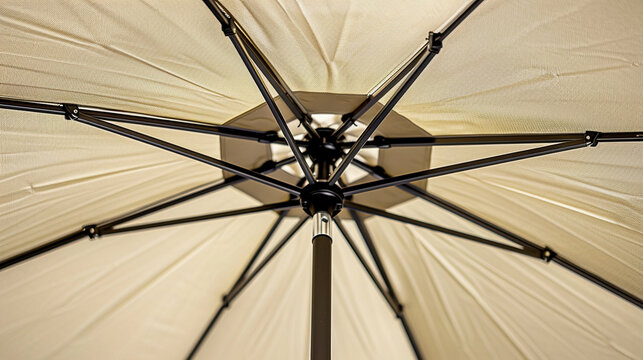 A close-up shot of an umbrella's underside, showing the crisscrossing ribs and central pole.