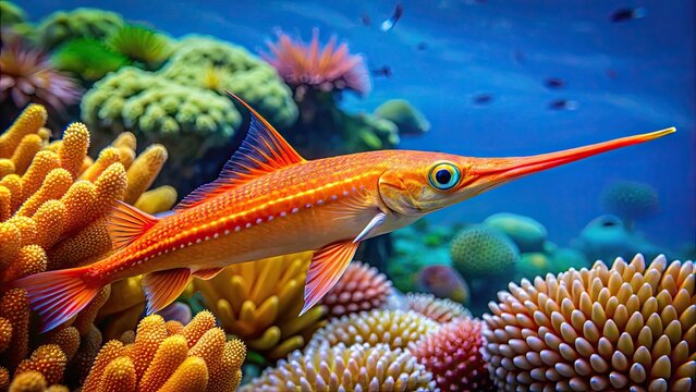Vibrant orange snipefish with iridescent scales and long, pointed snout swims amidst coral reef, its delicate fins and wispy tendrils flowing in ocean currents.