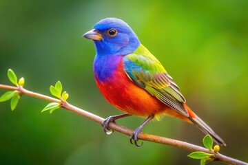 Obraz premium Vibrant painted bunting perches on a delicate twig, showcasing its iridescent blue head, green back, and yellow belly, set against a soft, blurred background.