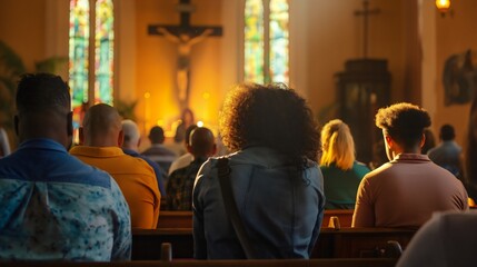 Obraz premium Religious people in the Orthodox Catholic church worship Jesus Christ's Wooden cross Spiritual prayer Crucifixion Sins forgiveness Salvation resurrection Bible God's love Peace Faith Christianity