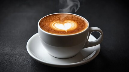 Cup of cappuccino in a white ceramic saucer on a grey background  