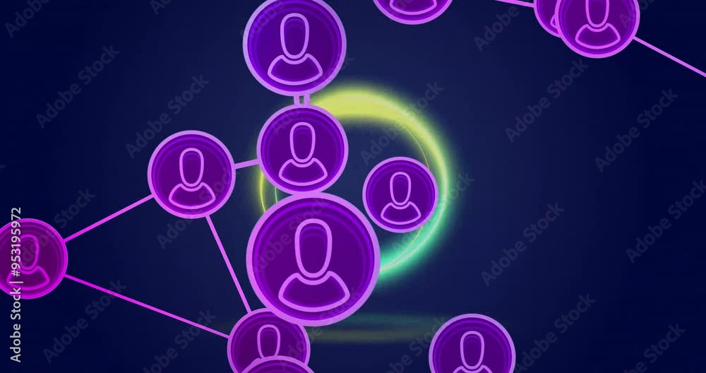 Poster network of connected user icons animation over dark background with glowing circle