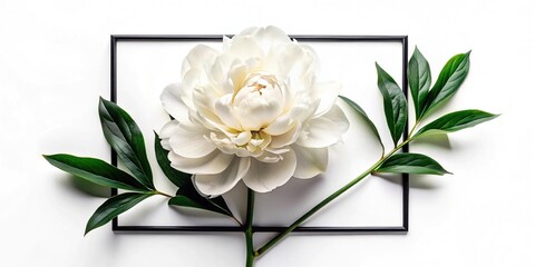 A stunning minimalist composition featuring a beautiful blooming white peony flower centered within a bold, modern black border, set against a clean white background.