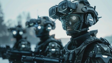 Fototapeta premium Group of soldiers wearing helmets and goggles, ready for action