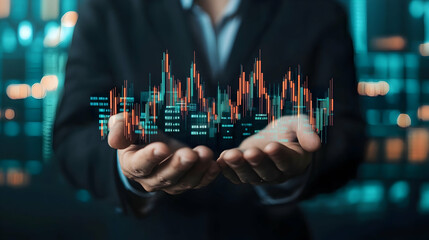 A businessman displaying stock market trends, showcasing the integration of networking and data analytics.