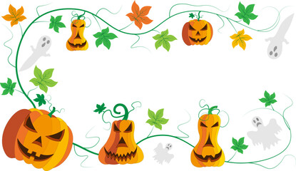 Beautiful evil Halloween pumpkins with leaves and ghosts