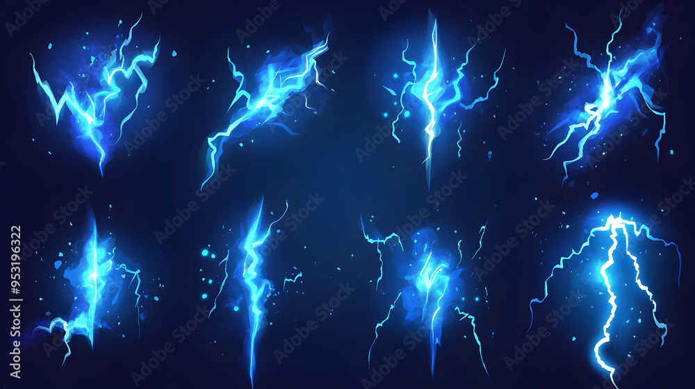 Wall mural cartoon lightning animation. animated frames of electric strike, magic electricity hit and thunderbo