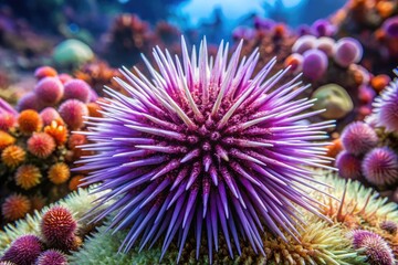Fototapeta premium Vibrant purple sea urchin with intricately patterned spines and delicate, creamy-white underside, nestled among soft coral and seaweed in a shallow ocean habitat.