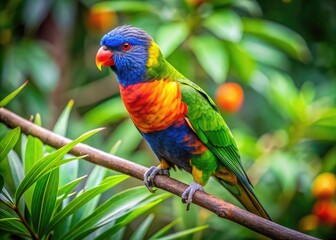 Obraz premium Vibrant rainbow-colored lorikeet perches on a branch, showcasing its bright plumage, vibrant green feathers, and playful expression in a lush tropical rainforest setting.