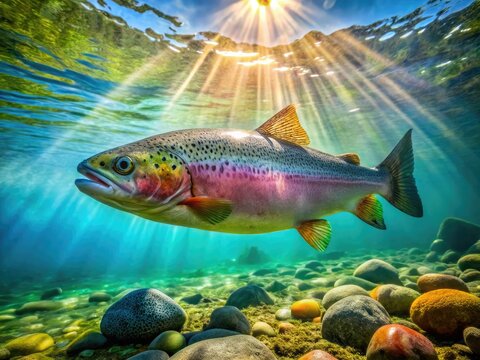 Vibrant rainbow trout swims in clear water, showcasing its colorful scales, with sunbeams illuminating the surrounding aquatic plants and gentle ripples on the surface.